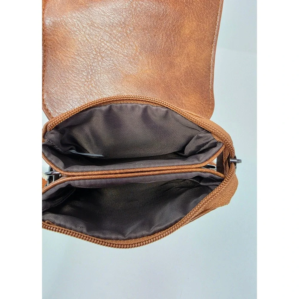 Vimutti Brown Floral Embossed Crossbody Phone Bag Vegan Leather Guitar Strap